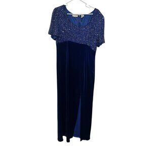 VTG 90s Scala Silk Velvet Beaded Empire Gown Dress Sz XL Blue Long Cocktail